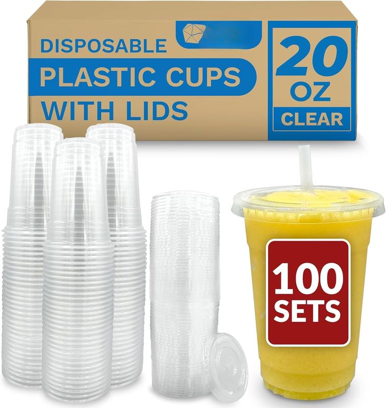 Plastic Cups with Lids 20 oz | 100 Sets | Clear Plastic Cups with Lids |  Cups with Lids | Leak Proof Cups and Lids for Smoothies, Iced Coffee