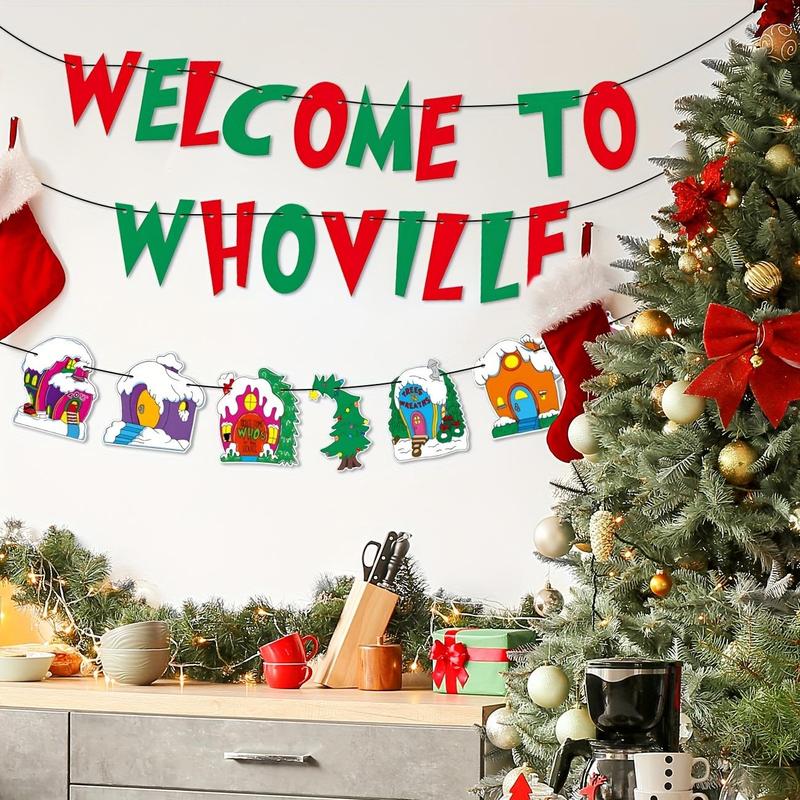 Welcome To Whoville Banner, 1 Set Christmas Themed Banner, Xmas Whoville Christmas Village Trees Banner, Merry Christmas Decorations for House Office School