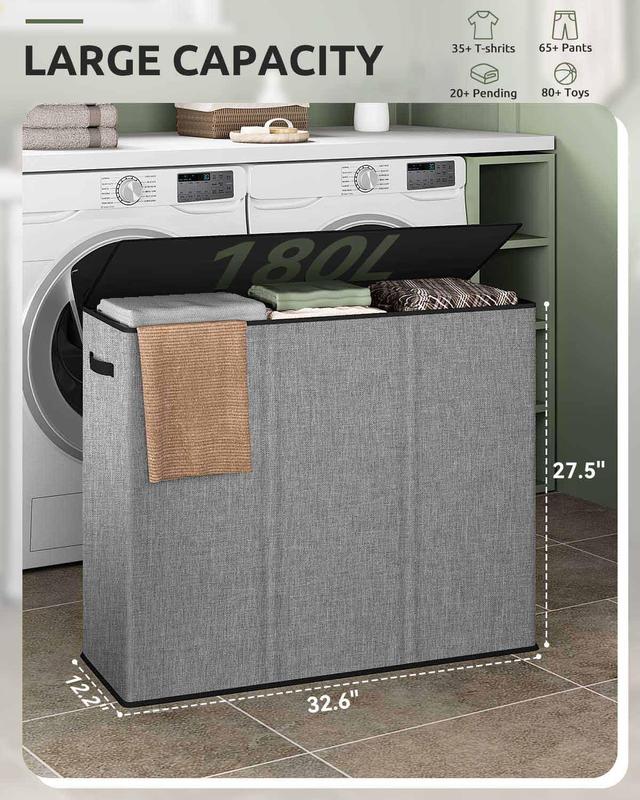 Relefree laundry hamper 3 section,180L large laundry basket for laundry sorting,Clothes Hamper with 3 Removable Bags,laundry hamper with lid, ideal for Bedroom,Bathroom,D orm,Laundry Room,Grey Organiser