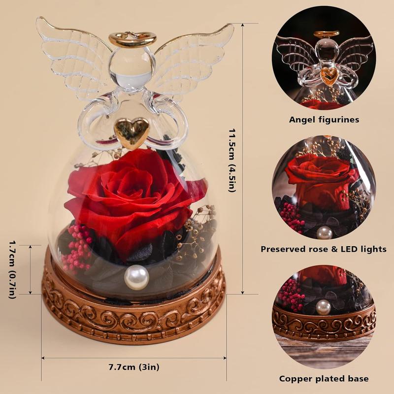 Angel Gifts for Women, Mom, Grandma, Preserved Real Rose in Glass Angel Figurine with LED Light, 1PSC Rose Gifts on Mother's Day, Christmas, Birthday, Valentine's Day (Red)