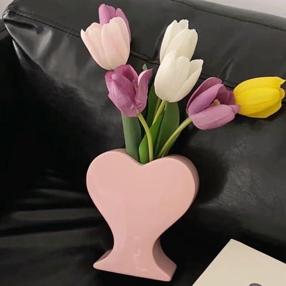 Peach Heart Shape Ceramic Vase, Unique Pink Flower Vase for Home Office Table Book Shelf Living Room Decor Housewarming Festival Gift