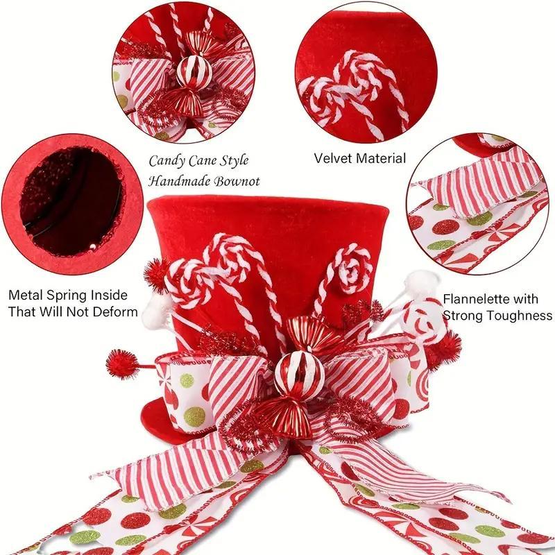 Christmas Tree Top Hat Ornaments, 1 Count Candy Bar & Twister Stick & Ribbon Bow Decor Tree Topper, Festive Decorations for Home Party