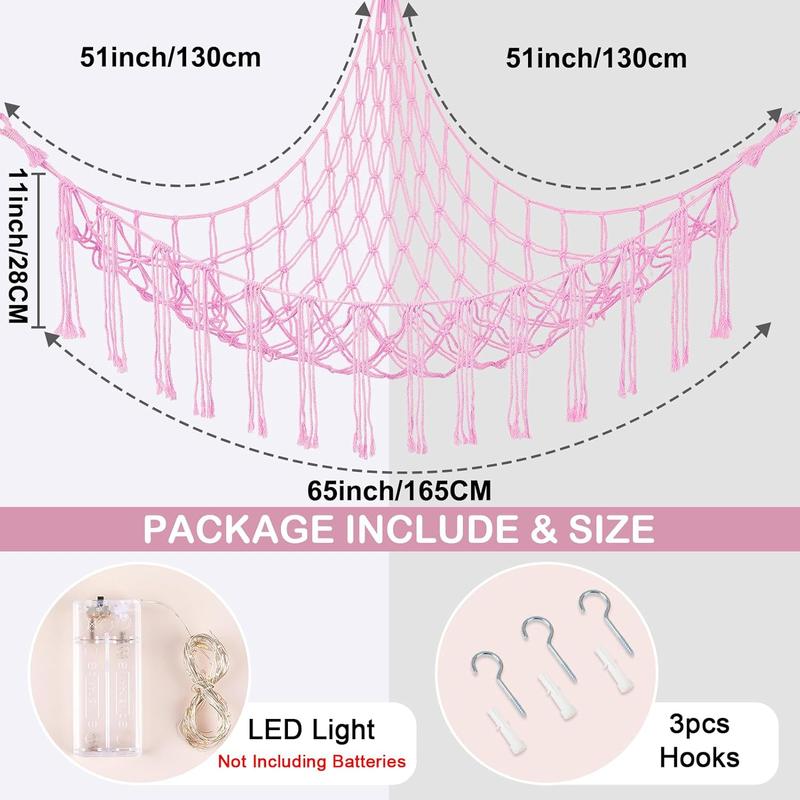 Stuffed  Net or Hammock with LED Light, Hanging Stuffed  Storage  Hammock Net Corner Wall Girls Room Decor  Storage Organizer, Pink, XL