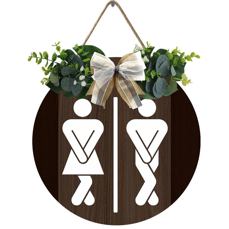 Wreath Pattern Design Bathroom Sign, 1 Count Cute Funny Toilet Decor Sign, Wooden Rustic Restroom Wall Art Hanging Farmhouse Plaque