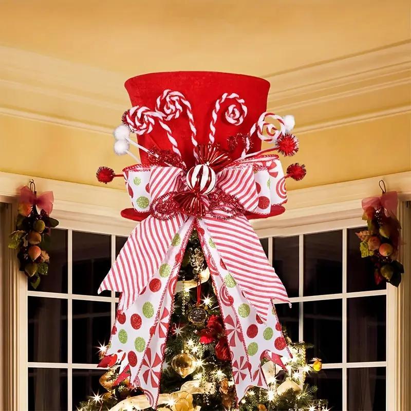 Christmas Tree Top Hat Ornaments, 1 Count Candy Bar & Twister Stick & Ribbon Bow Decor Tree Topper, Festive Decorations for Home Party