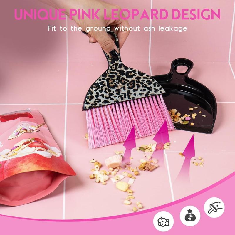 2count Mini Dustpan and Brush Set, Mini Broom and Dustpan Set with Pink Leopard Print Design, Hand Broom and Dustpan Set, Whisk Broom and Dustpan Set for Cleaning Desk, Kitchen, Home, Cars, Pets, s