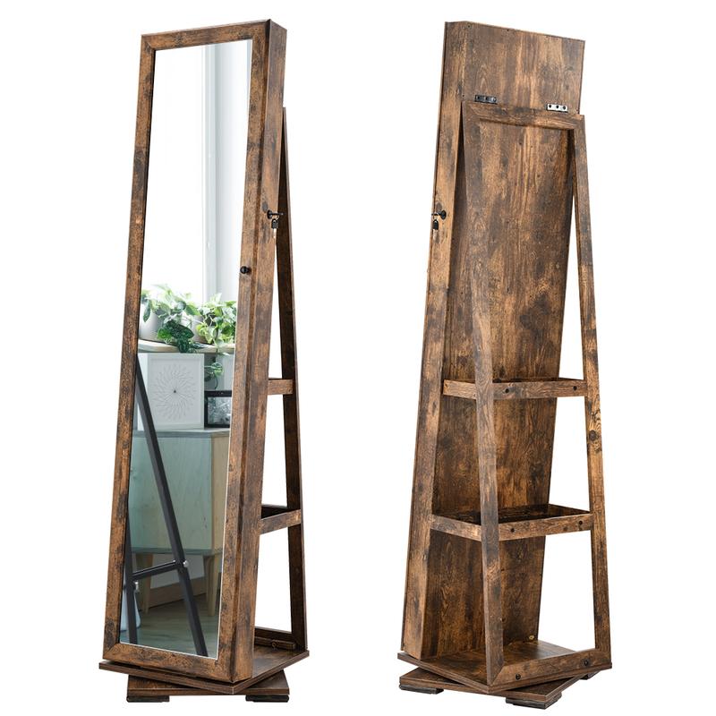 360 Spinning Lockable Jewelry Armoire with Free-Standing Mirror, Brown Decor Cabinet