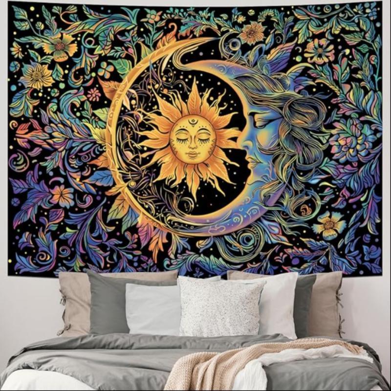 Sun & Moon & Flower Pattern Tapestry, 1 Count Psychedelic Mysterious Themed Tapestry, Wall Hanging Decoration for Home Bedroom Living Room Dormitory