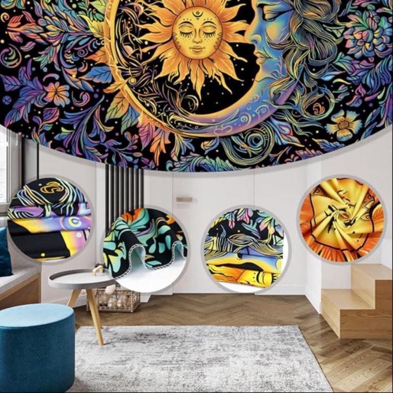 Sun & Moon & Flower Pattern Tapestry, 1 Count Psychedelic Mysterious Themed Tapestry, Wall Hanging Decoration for Home Bedroom Living Room Dormitory