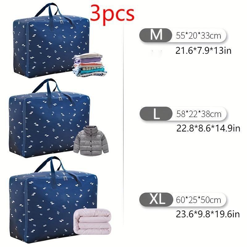 Summer Printed Clothes Storage Bag, 3 Counts Large Capacity Quilt Storage Bag With Zipper & Handle, Storage Organizer For Home Wardrobe Closet