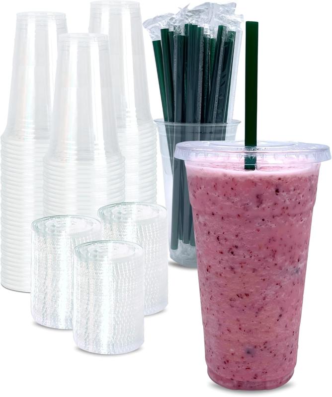 [100 SETS] 24 oz Clear Plastic Cups with Lids and STRAWS, Disposable Iced Coffee cups with Lids, Clear Cups with Lids for Cold Drinks, Iced , Milkshakes, Smoothies