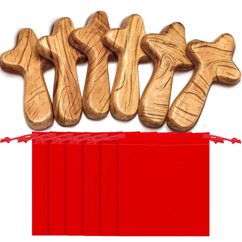 Wooden Cross Decoration 6 Pcs 4.1 In Small Hand Held Pine Wooden Cross with Velvet Bag Pocket Suitable for Home and Office Christmas Easter Religious Christian Prayer Gifts Perfect Gift Idea