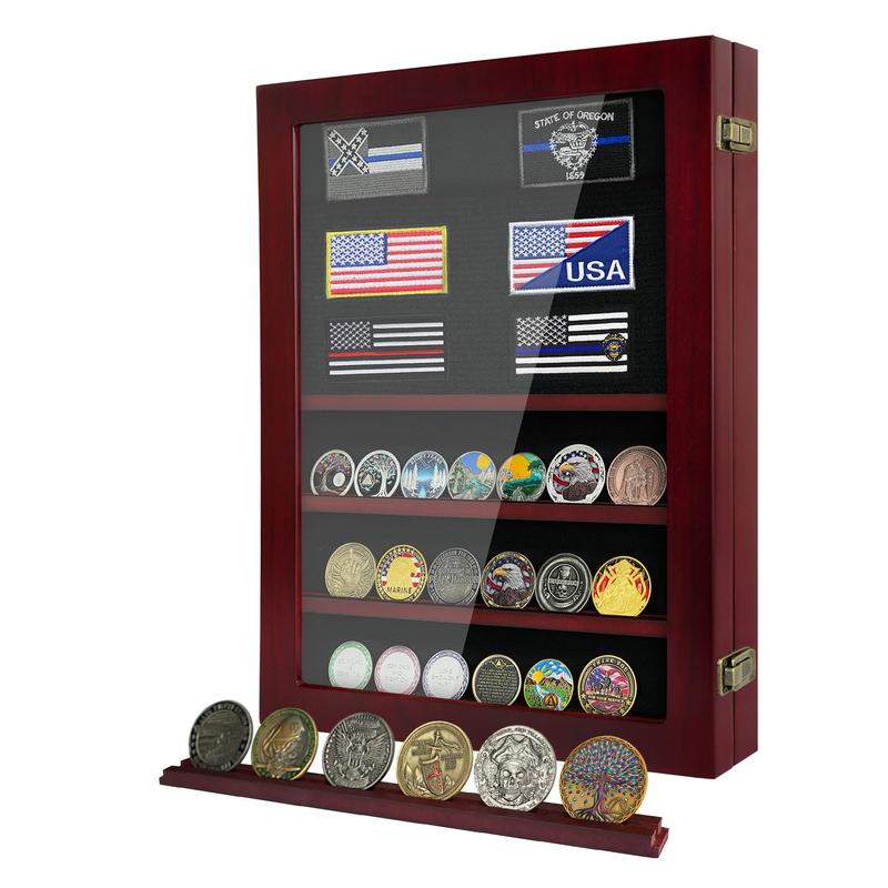 Challenge coin display box; HD Tempered Glass; removable shelves and black felt lining, wall mounted coin rack, tabletop display cabinet; storage box