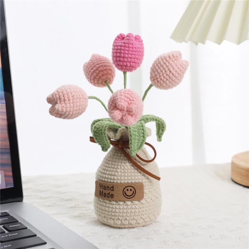 Handmade Knitted Flower with Vase for Room Decor, 1 Count Artificial Tulip Flower, Decorative Flower for Home Living Room Bedroom Dining Room, Fall Decor