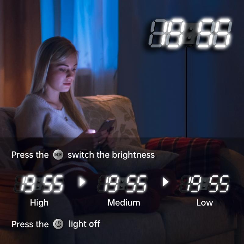 Digital 3D Led Clock Alarm Clocks Wall Desk Timer Brightness Adjustable Includes The Power Cord not The Power Head EDUPLINK Decor Set