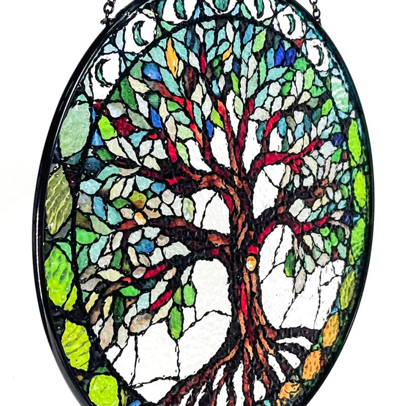 Tree of Life Stained Glass Sun Catcher with Moon Phases – Window Hanging, Wall Art, Indoor Decor, and Unique Gift