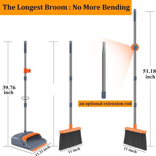 Broom and Dustpan Set, Self-Cleaning with Dustpan Teeth, Sweeping, Ideal for Dog Cat Pet Home Use, Stand Up Broom and Dustpan (Gray&Orange) Comfortable