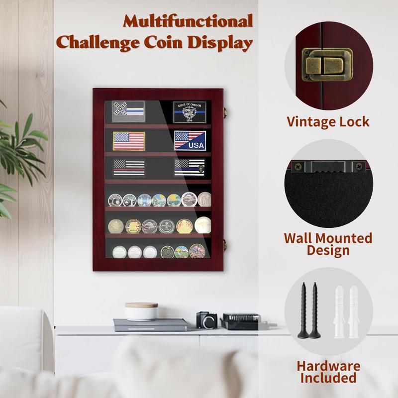 Challenge coin display box; HD Tempered Glass; removable shelves and black felt lining, wall mounted coin rack, tabletop display cabinet; storage box