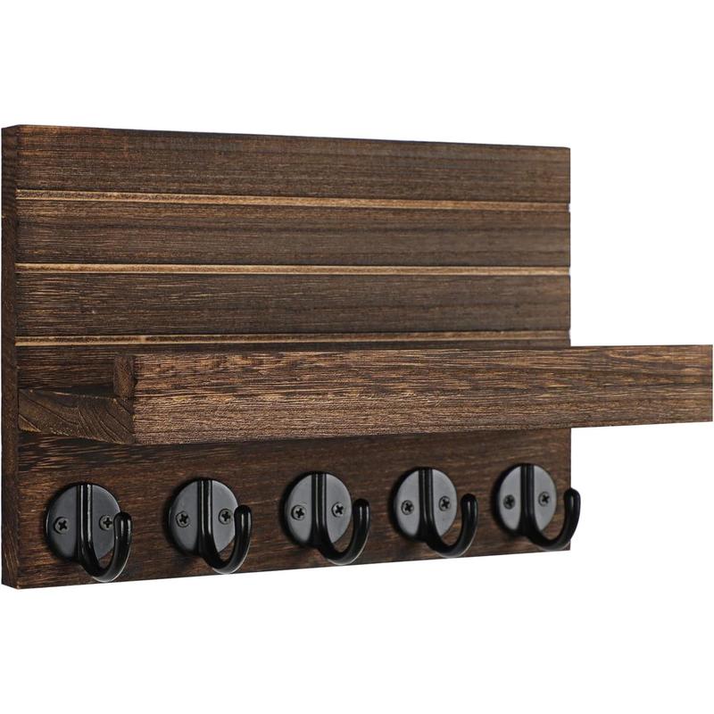 Paulownia Wood Key Holder, Wall Mounted with Shelf and Hooks for Bags, Coats, Umbrella. Decor Shelves