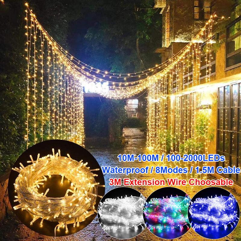 Indoor Outdoor 10M-100M 100-2000LEDs Fairy LED String Light 8 Modes Waterproof Christmas Tree Lights Super Long Lead Wire For Xmas Wedding Party Bedroom Room Easter Decorations christmas  lights