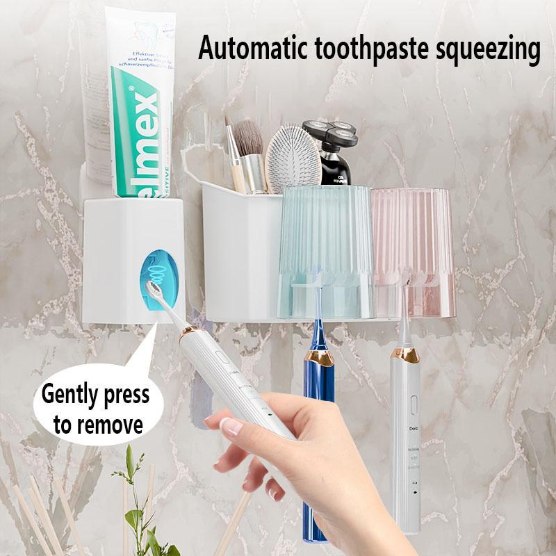 Bathroom Toothbrush Holder with Cups & Toothpaste Dispenser Set, 1 Set Wall Mounted Toothbrush Storage Rack with Colorful Cup & Toothpaste Squeezer, Multifunctional Bathroom Set