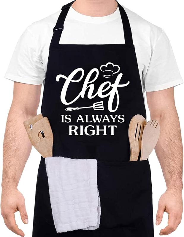 Funny Cooking Aprons for Women Men, CHEF IS ALWAYS RIGHT, Aprons for Cooking Kitchen Grilling Aprons with Two Pockets, Grill Apron Adjustable Chef Apron, Gift for Dad Mom