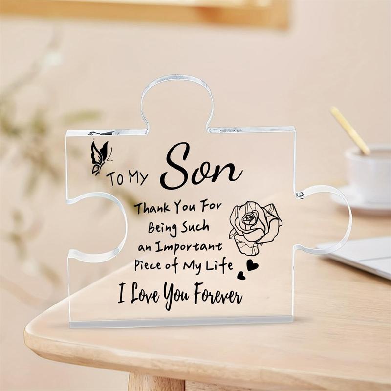 Acrylic Puzzle Shaped Ornament, Letter & Rose Design Desk Decoration, Gift for Son, Room Decor, Home Decor for Boys Bedroom, Male Bedroom Accessories