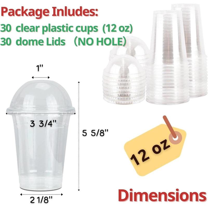 12 oz Clear Plastic Cups with Dome Lids No Hole - (30 Sets) PET Disposable Dessert Cups, Parfait cups for Ice Cream, Iced Cold Coffee Drinks, Cupcake. Fruit Cups for bday Party with Nice Sealing