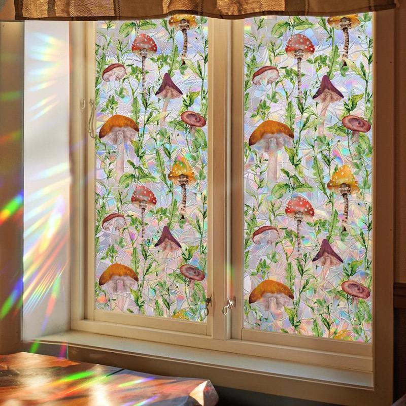 Mushroom Forest Pattern Window Sticker, 1 Count Colorful Window Film, Window Covering Sticker for Home Office Kitchen Bathroom