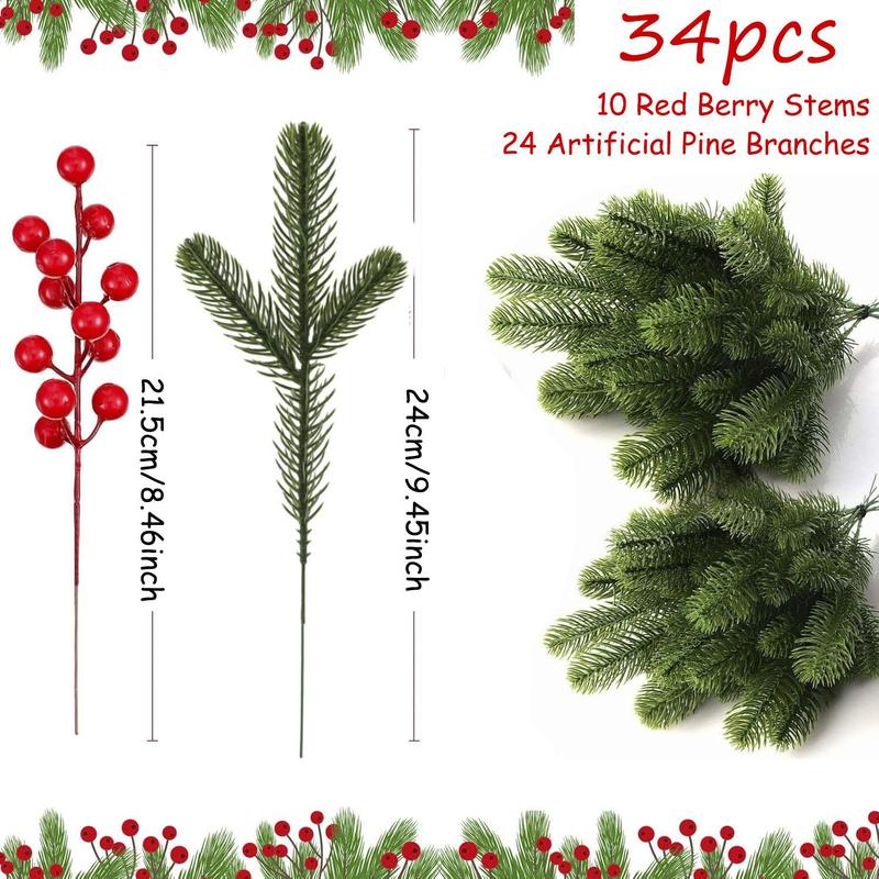 Artificial Pine Branch & Red Berry Stem, 34pcs set Faux Pine Branch & Berry Stem, DIY Crafts for Home Garden Decoration