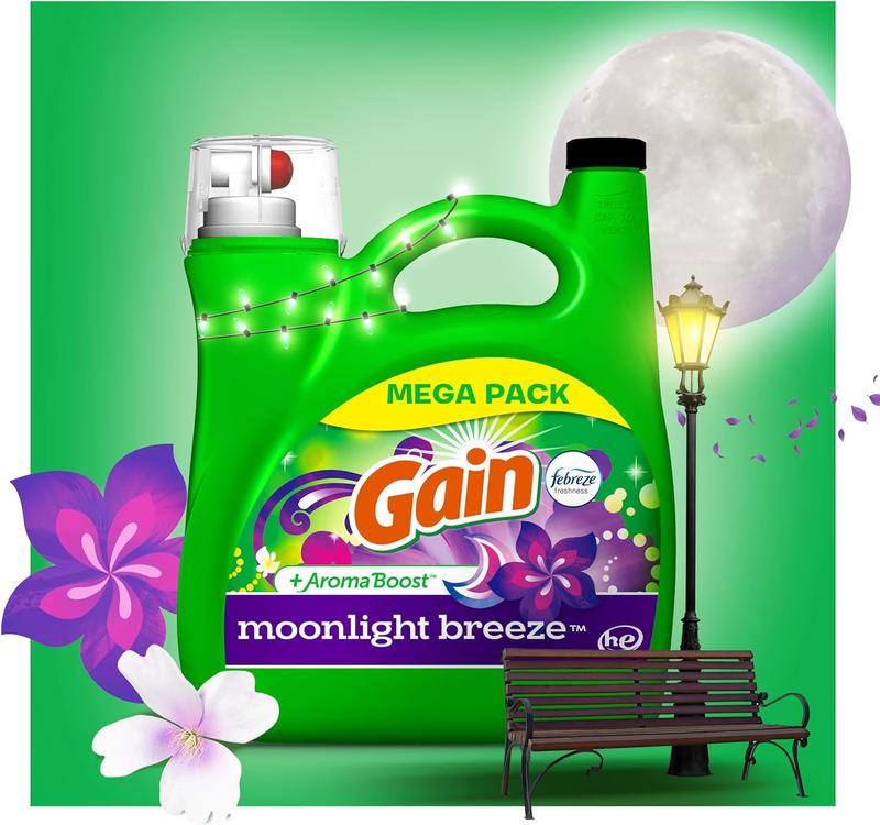 Gain + Aroma Boost Liquid Laundry Detergent, Moonlight Breeze Scent, 107 Loads, 154 Fl Oz, HE Compatible with Febreze and Oxi (125)