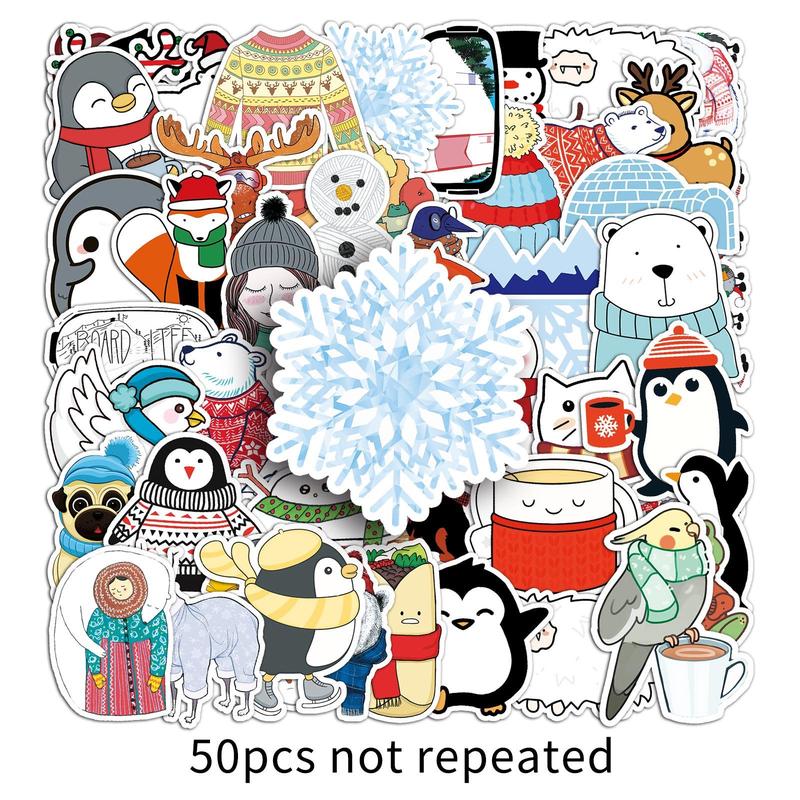 Winter Themed Sticker, 50pcs Cute Cartoon Pattern Decorative Sticker, DIY Stickers for Laptop, Phone Case