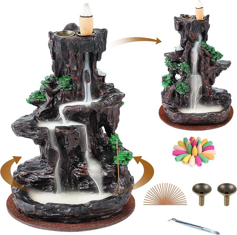 Incense Burner, Backflow Holder Waterfall 2 Sides, with 120 Cones, 30 Sticks Aroma Fragrance Scented Scent