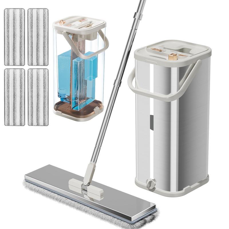 BASS QUEEN Flat Mop with Stainless Steel Bucket Wringer Set for Floor Cleaning with 1 3 5pcs Microfiber Pads Separate dirty Mops