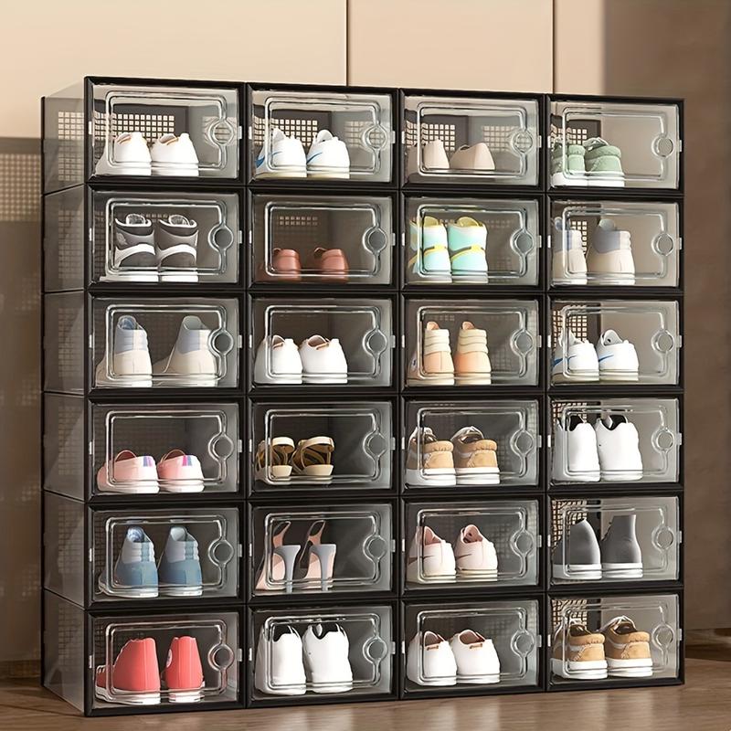 6 12pcs Thickened Transparent Shoe Boxes With Lid, Foldable Stackable Shoe Rack, Free Combination, Plastic Sneaker Container, Space Saving Storage Organizer For Entryway, Bedroom, Home, Dorm, Etc