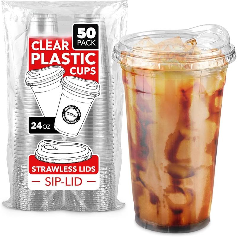 24 oz Clear Plastic Cups with Lids Disposable, Togo Drinking Cup with Strawless Sip Lid for Smoothie, Cold Brew Iced Coffee, Lemonade, Ice Latte, Boba, Party Drinks, Bulk, 24 Ounce (Set of 50)