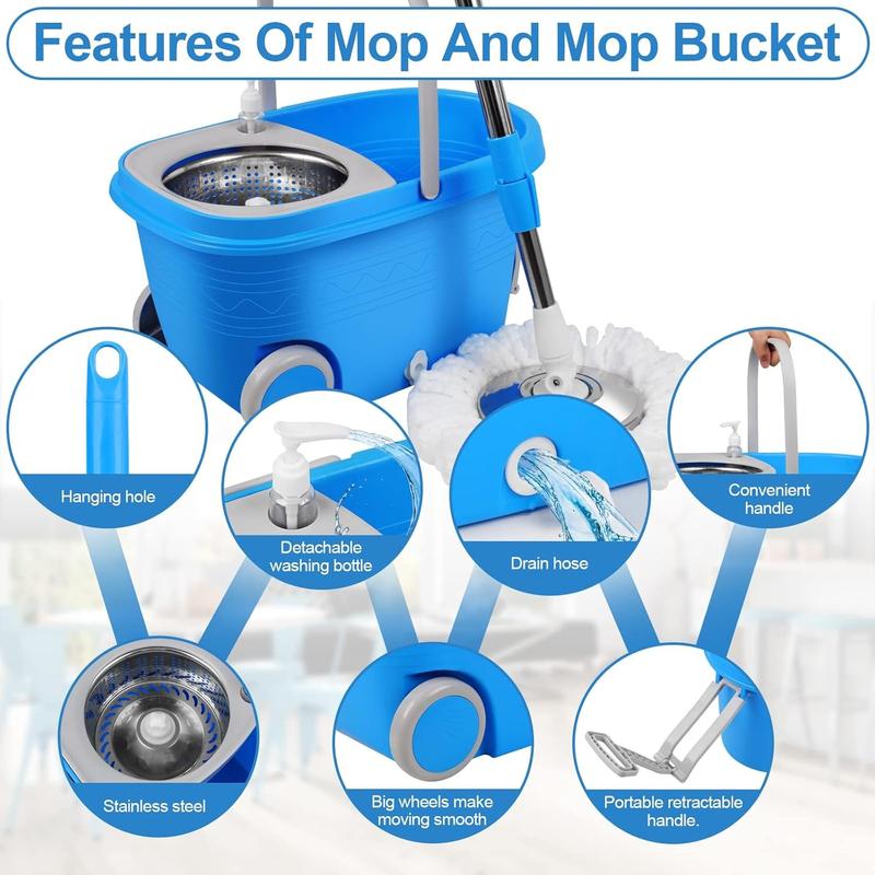 Spin Mop and Bucket with Wringer Set on Wheels, 360° Spinning Mop Bucket System with 3 Microfiber Mop Replacement Heads and 61