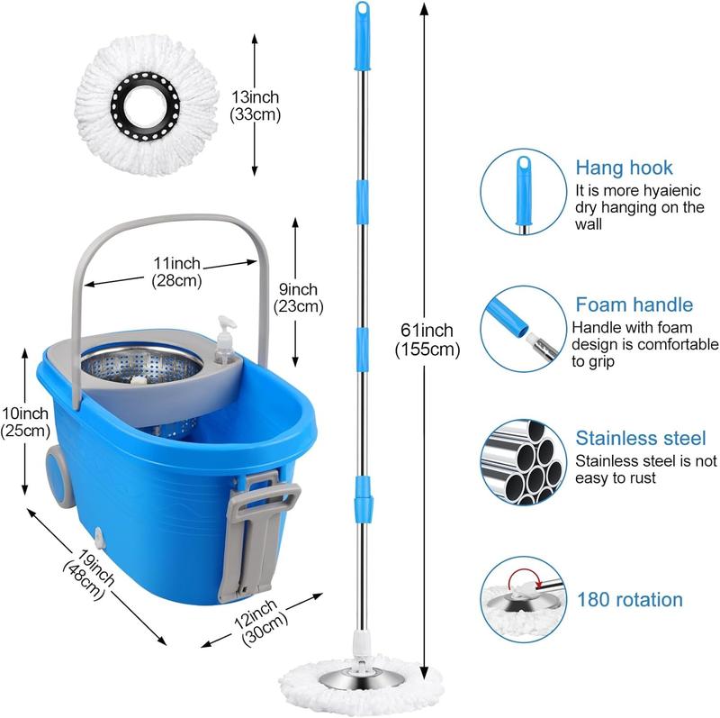 Spin Mop and Bucket with Wringer Set on Wheels, 360° Spinning Mop Bucket System with 3 Microfiber Mop Replacement Heads and 61