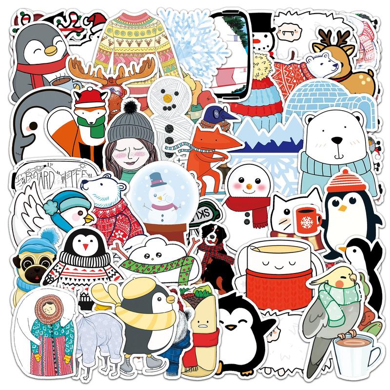 Winter Themed Sticker, 50pcs Cute Cartoon Pattern Decorative Sticker, DIY Stickers for Laptop, Phone Case