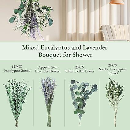 119pcs Eucalyptus for Shower, 4 Kinds Mix Eucalyptus Stems & Lavender Flowers Hanging, Fresh Eucalyptus Leaves for Shower Plants Hanging, Dried Eucalyptus Bundle for Home Bathroom Decor Decorative Fruit Bouquet Ornaments