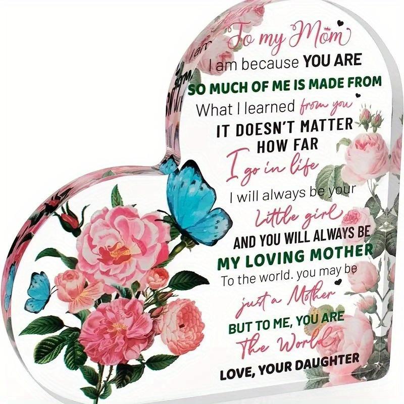 Heart Shaped Letter & Flower Pattern Acrylic Plaque, 1 Count To My Mom Sign, Inspirational Keepsake Gifts for Mom, Birthday & Festival Gifts for Mom From Daughter