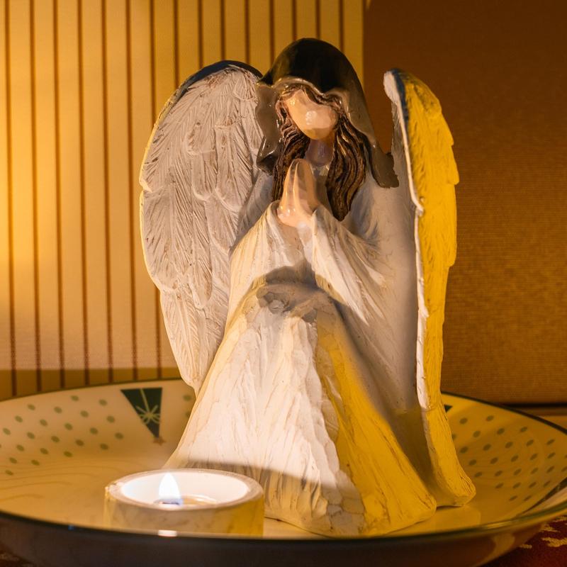 Praying Angel Figurine, 7 Inch Resin Angel Wing Praying Sculpture with Candle Holder, Guardian Angel Statue for Christmas Home Decor Ornament Women Gifts