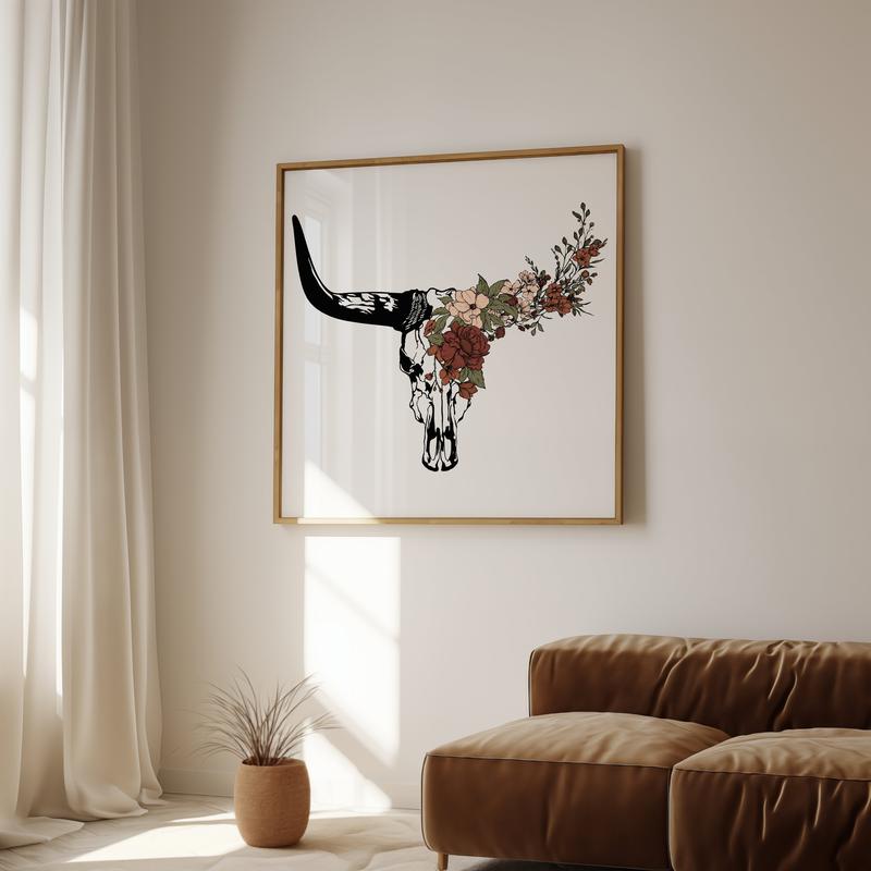 Crawford Longhorn Bull Skull Print – Southwestern Cow Skull with Flowers for Desert-Inspired Wall Art