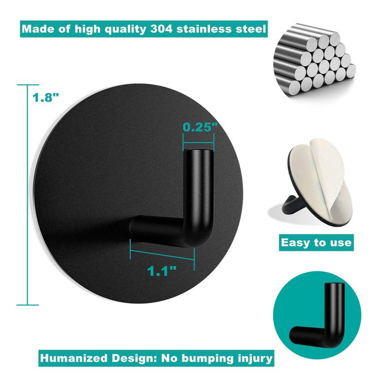 Paika  4 Packs Adhesive Hooks, Heavy Duty Stick on Wall Hooks Robe Towel Hooks for Bathrooms Self-Adhesive Hook for Hanging Towels Clothes Waterproof Stainless Steel, Black