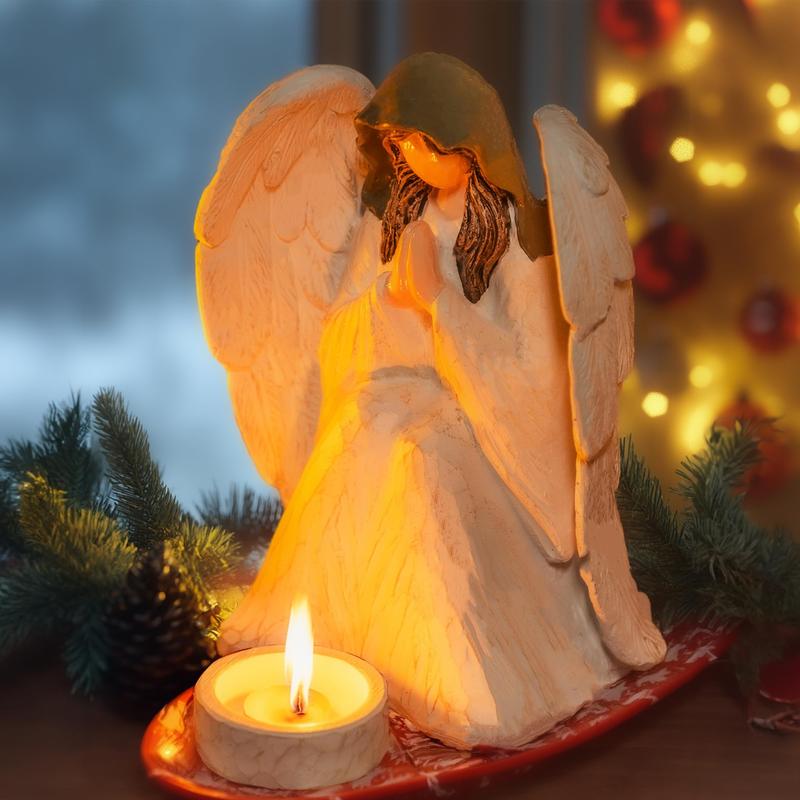 Praying Angel Figurine, 7 Inch Resin Angel Wing Praying Sculpture with Candle Holder, Guardian Angel Statue for Christmas Home Decor Ornament Women Gifts