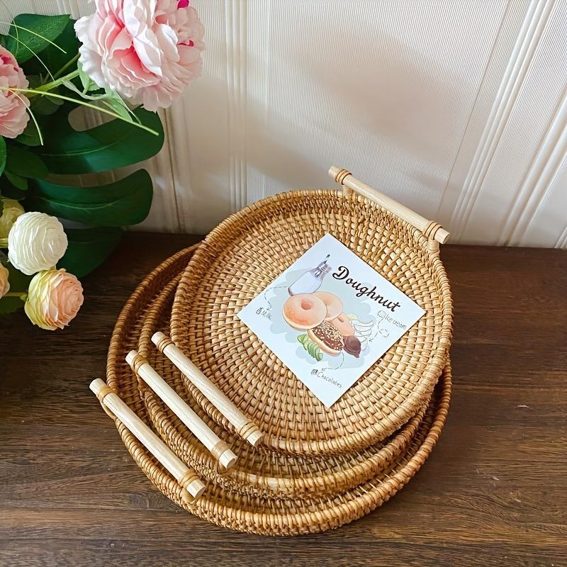 Round Rattan Storage Round Tray, Boho Style Tea Tray with Handle, Fruit Plate, Bread Snack Basket, Home Organizer for Kitchen Dining Room, Summer for Gift, Fall Decor, Room Decor