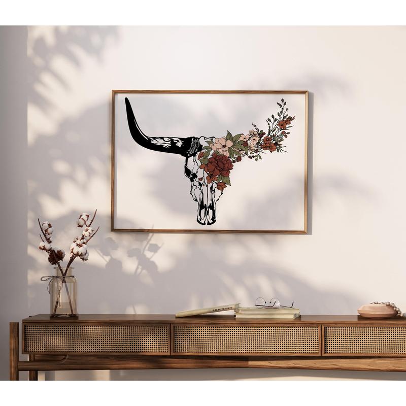 Crawford Longhorn Bull Skull Print – Southwestern Cow Skull with Flowers for Desert-Inspired Wall Art