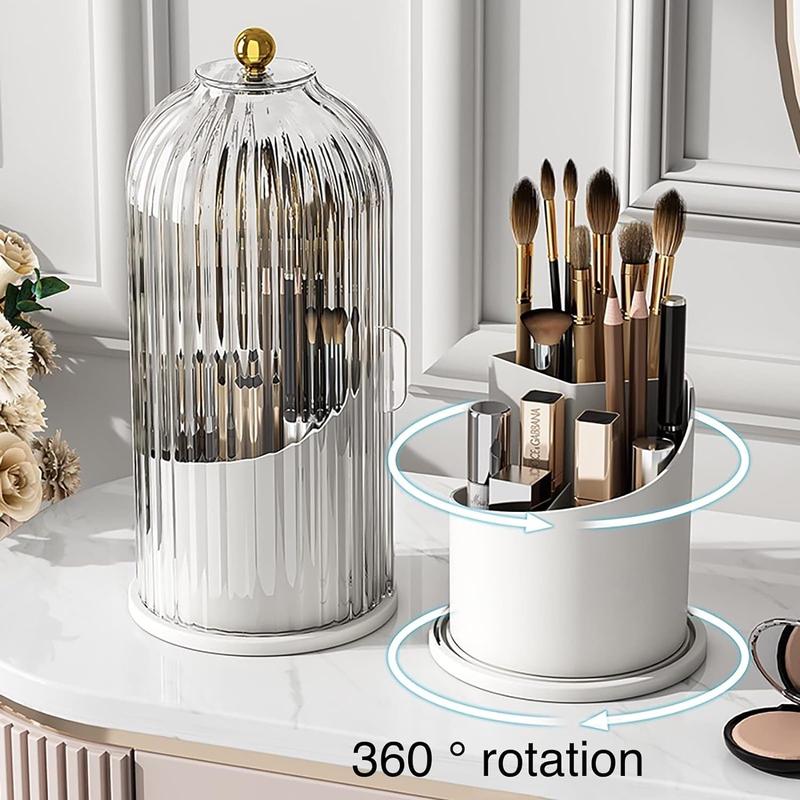 Makeup brush storage box, 360 ° rotating bucket for easy access, additional storage for makeup table items such as pen holder, lipstick, and dust cover partition (transparent black)