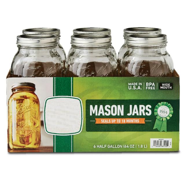 64 oz Mason Jars with Lids and Bands - Set of 6 Wide Mouth Jars for Drinks - Drinkware, Bottles Glass Organiser