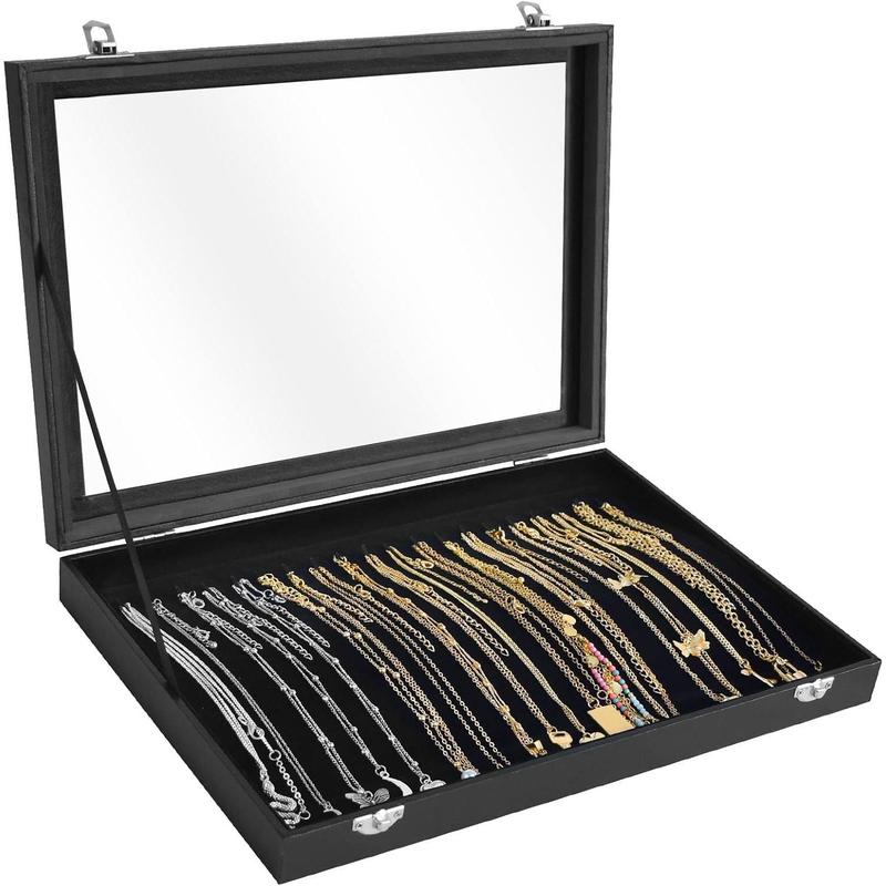 Necklace Organizer Box Premium 20 Hooks Necklace Display Tray with Transparent Lid Necklace Display Box for Necklace Pendants Suitable for Women and Girls (Black)